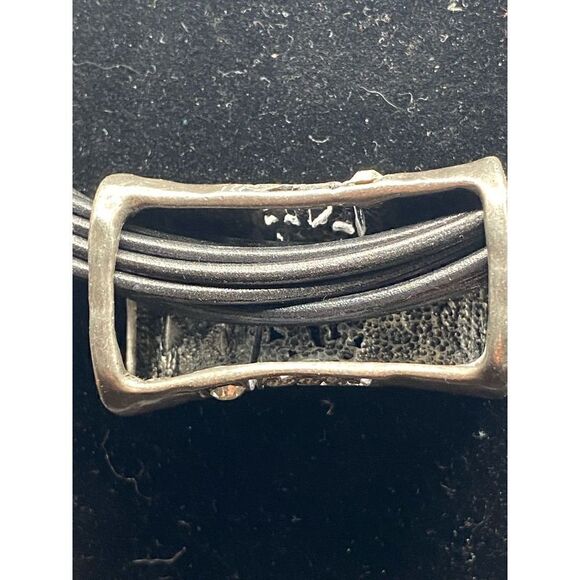 Black multi strand necklace with treated cord silver tone filigree rhinestone pe - Picture 7 of 8